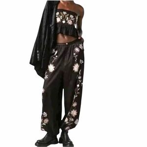 Free People Harmony Pants Set Like New Black Floral Embroidery Size XS